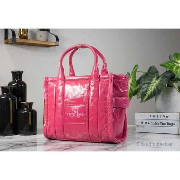 NEW Marc Jacobs The Shiny Crinkle Mini Tote Bag Magenta Leather Crossbody Purse